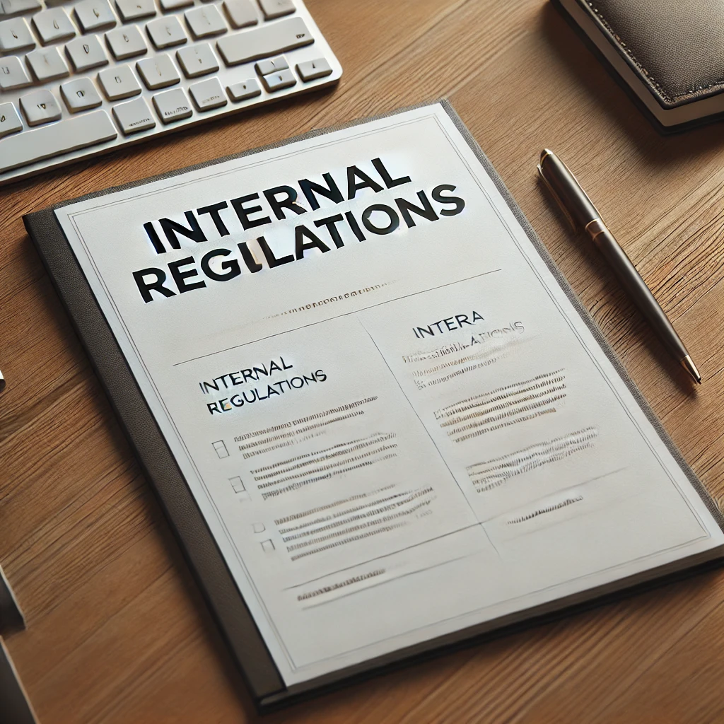 DALL·E 2025-04-17 02.12.52 - A clean and professional image representing internal regulations for a website. The image should feature a document titled 'Internal Regulations' in b